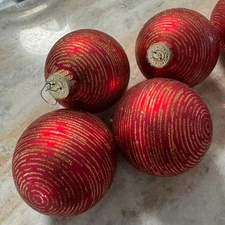 4 Frontgate red glass Christmas ornament  glass blown Balls w glitter strands