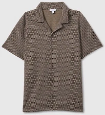 Reiss Grove Jacquard Shirt Cuban Collar Men's Large Geometric Short Sleeve NEW