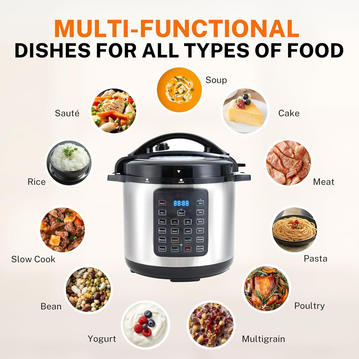 16 in 1 Electric Pressure Cooker 8 Quart Multi-Function Steamer Stainless Steel