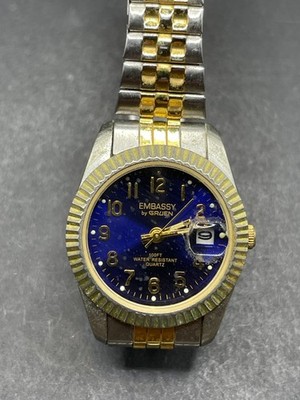 Vtg Embassy By Gruen Men s Presidential Two Tone Date Quartz Watch Blue Dial