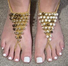 Vintage 60 s Gold Lame Beaded Barefoot Sandals Foot Jewelry Bohemian Festival
