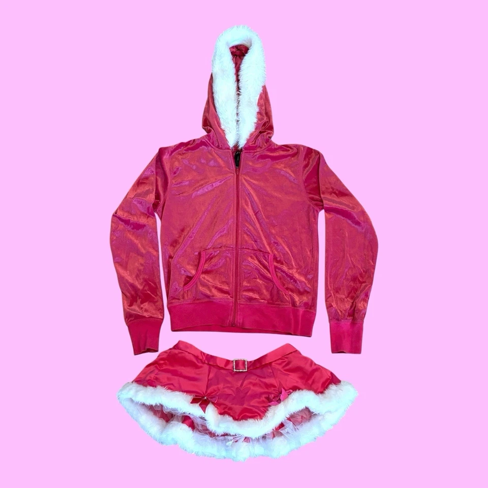 Victorias Secret Santa Baby Bling Fur Hoodie Velour Jacket Sweatshirt & Skirt M - Image 2 of 4
