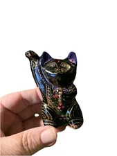 Good Luck Waving Cats Maneki-Neko Figurines  3 inche Lacquered Wood Hand Painted