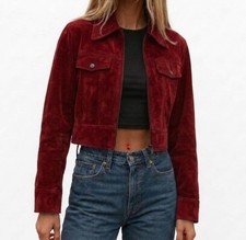 Women Wine Red Suede Leather Crop Jacket Classic Button Front Casual Coat Wester