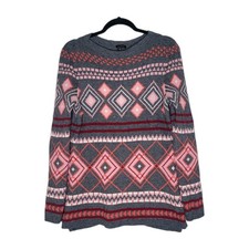 Talbots Sweater Medium Gray Heart Fair Isle Lambs Wool Blend Pullover Warm Cozy