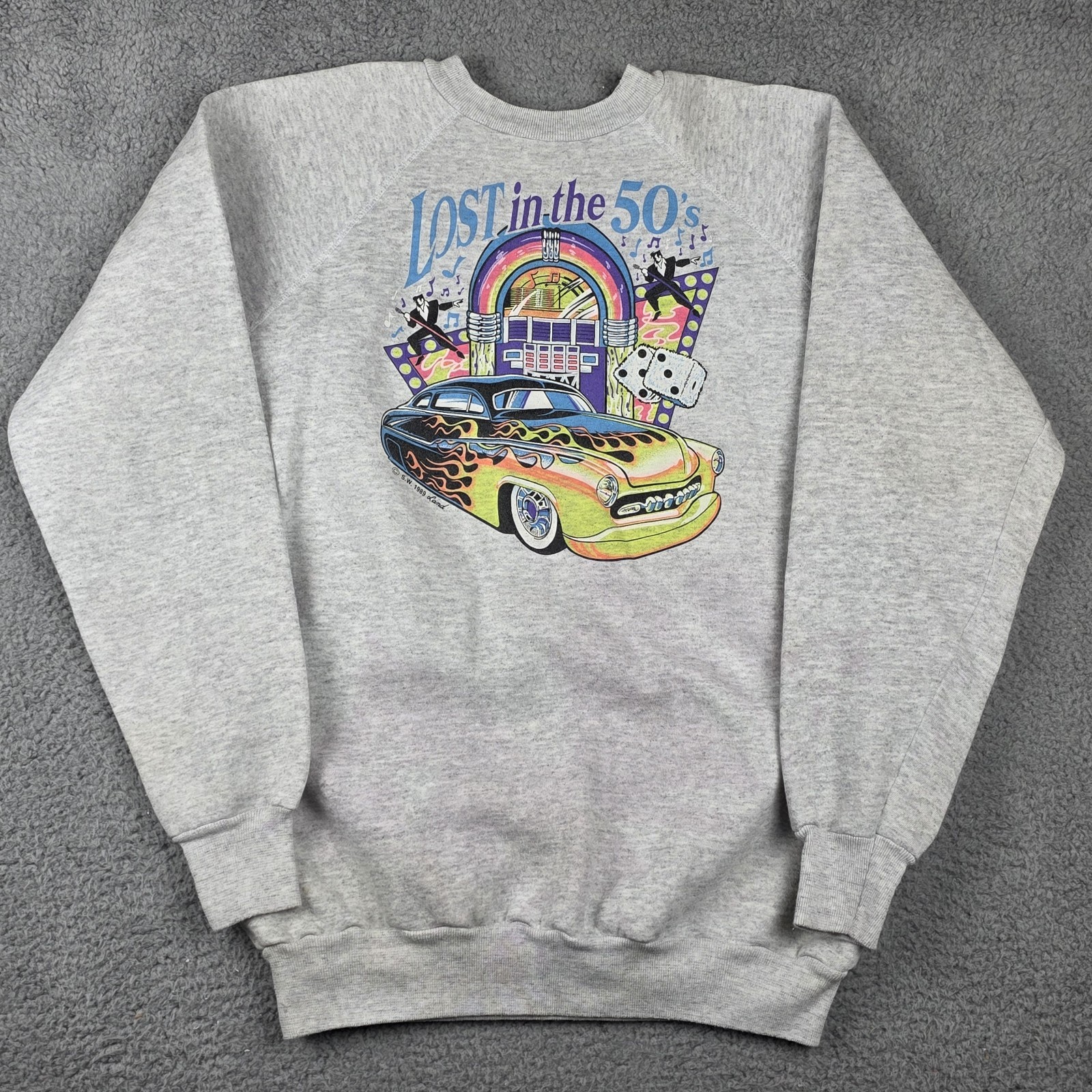 Vintage Lost in the 50's Sweater Mens XL Gray 80s Car Flames Jukebox USA Made