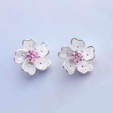 Women's Fashion Silver Needle Cherry Blossom Pink CZ Stud Earrings