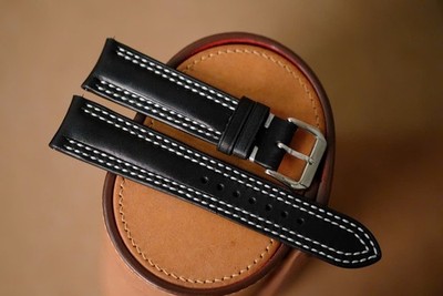 Handmade black leather double stitching watch strap size 20/18 (or any size)