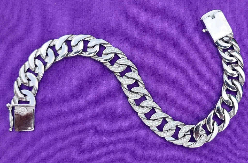 Bracciale da uomo in argento sterling 925 con catena a maglie cubane con zirconi - Immagine 3 di 4