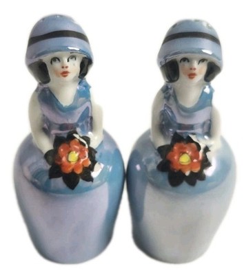 Noritake Deco Era Flapper Bridesmaid Ladies 2 Salt/Pepper Lusterware Shakers VTG