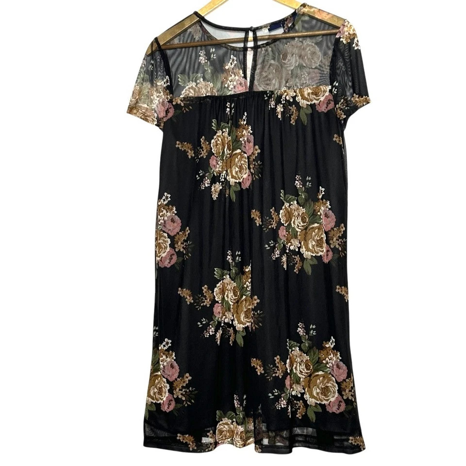 APT. 9 Vestido Feminino XL Preto Floral Malha Transparente Manga Curta Babydoll Mini - Imagem 4 de 4