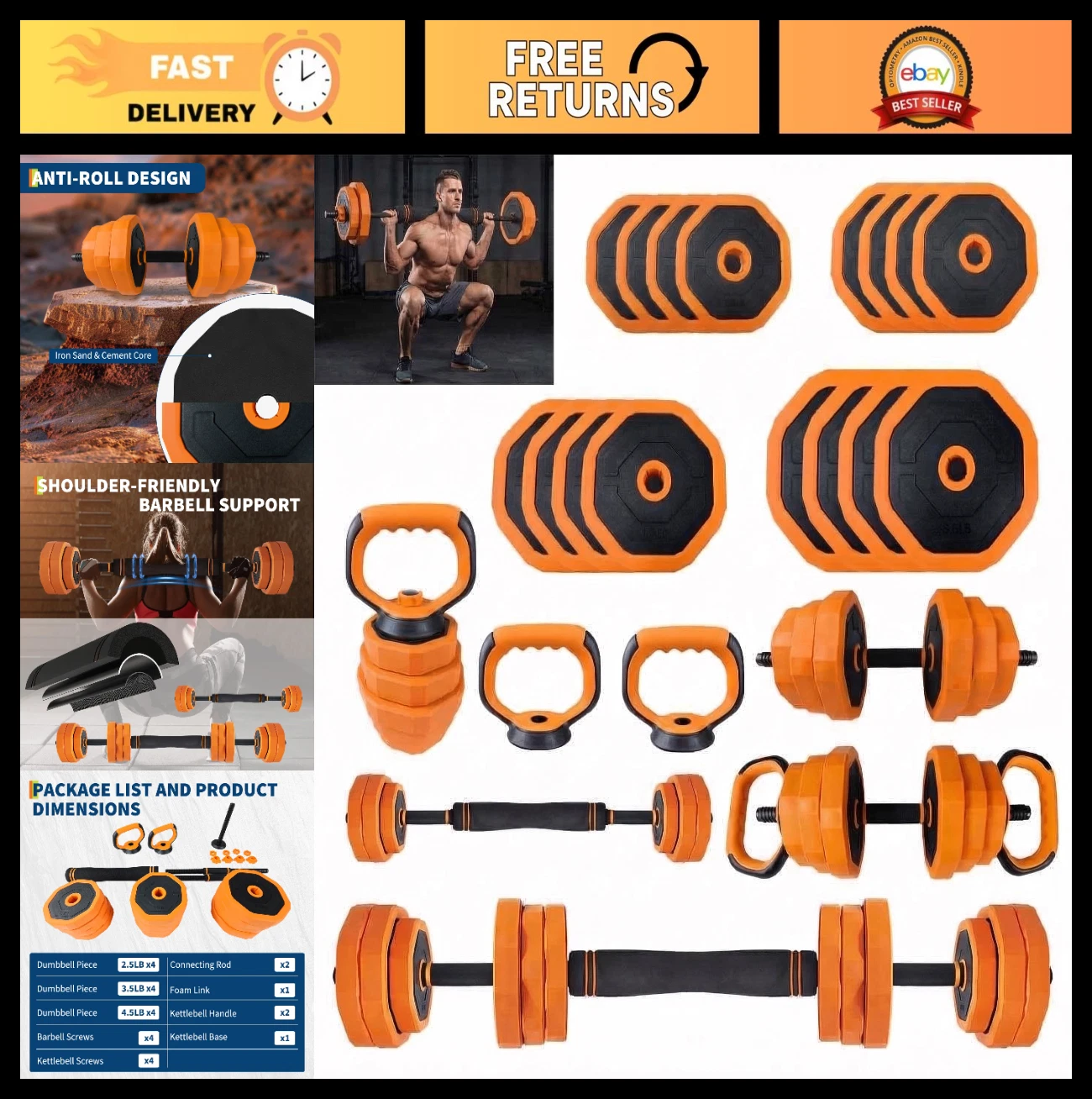 Adjustable Dumbbells 44/66/88lbs Set - 4-in-1 Free Weights for Home Gym, Barbell