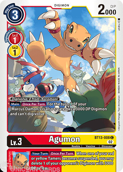 BT13-008 Agumon :: Common Digimon Card :: BT-13: Versus Royal Knights ::