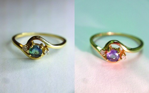 Anello in oro giallo 14 kt con diamante cambio colore alessandrite naturale con certificato - Foto 3 di 9