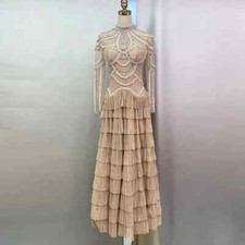 Fashion A-line Beaded Dresses Round Neck High Waist Long Sleeve Elegant Layered