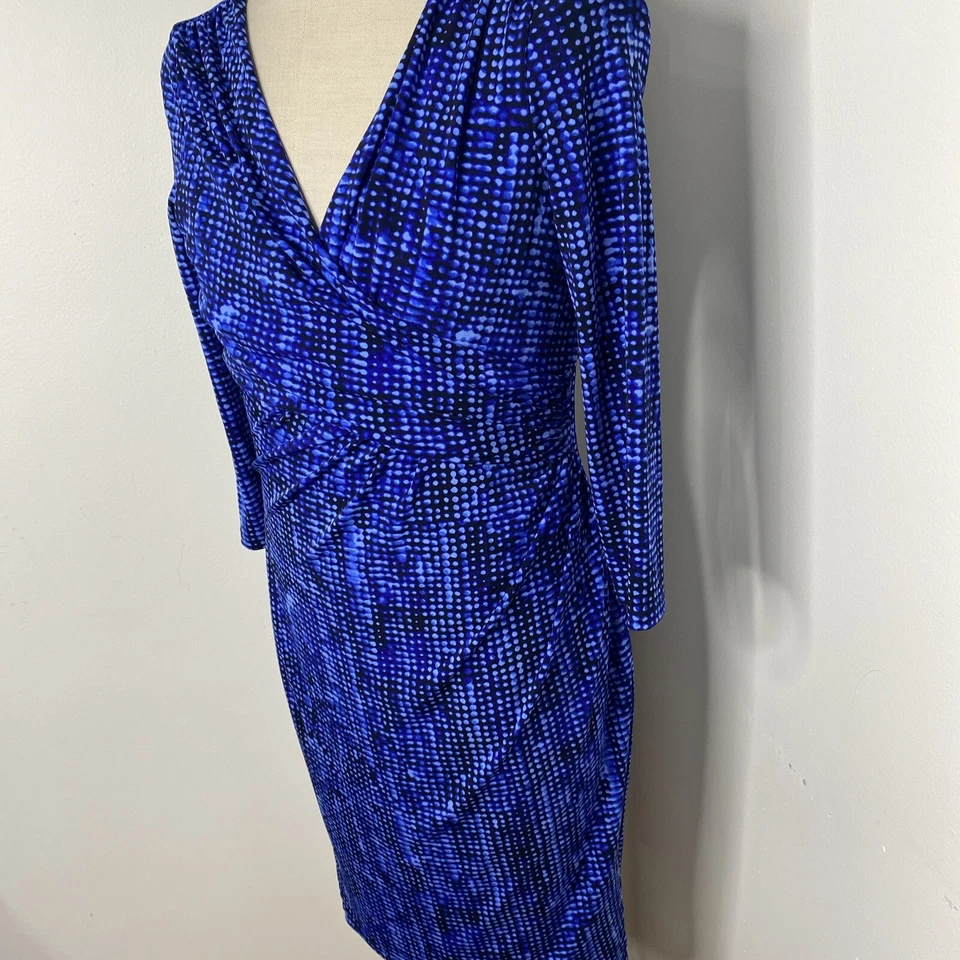 Ralph Lauren Dress Royal Blue Sz 12 Ruched Side V Neck Wiggle Midi 3/4 Wrap Look - Image 4 of 4