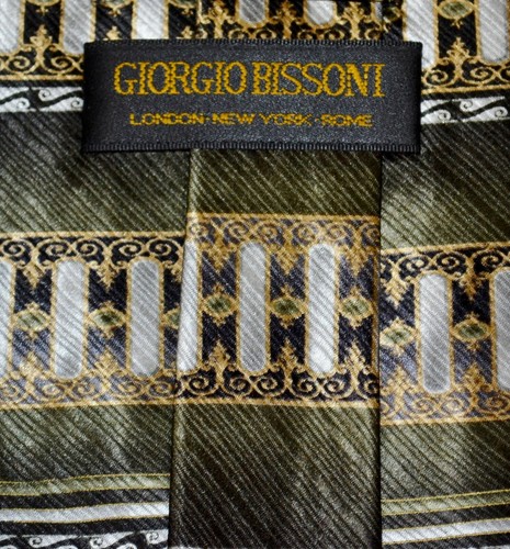 GIORGIO BISSONI Brown Silver Gold Black Patterned 100% Silk Hand Made Neck Tie - Picture 3 of 3