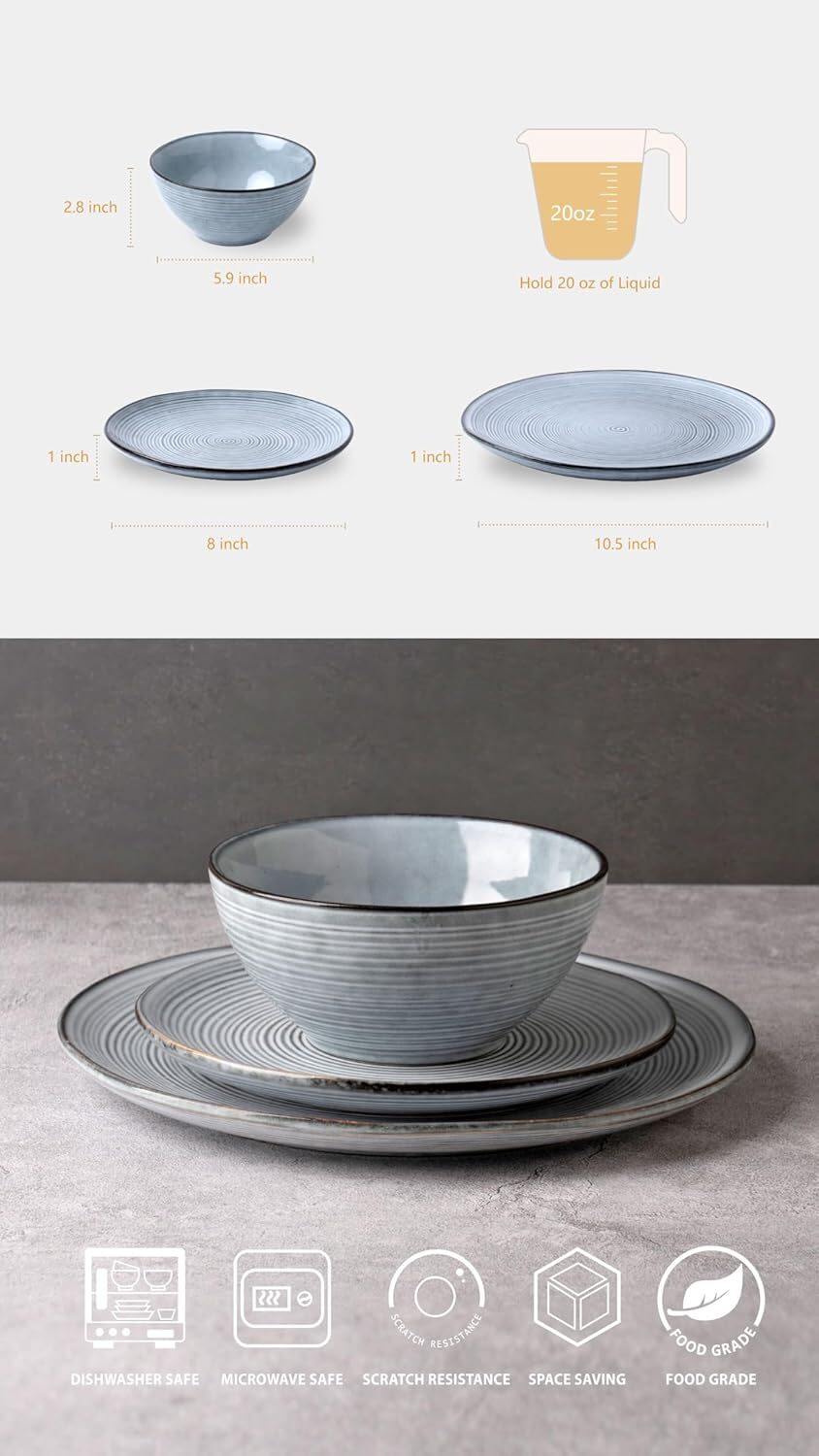 4-Person Plate and Bowl Set, 12-Piece Stoneware Dinnerware Set, Pearl Blue