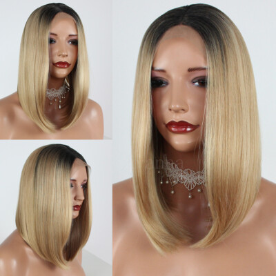 Ombre Two Tone Synthetic Lace Front Wigs Short Bob Blonde Hair Heat Resistant