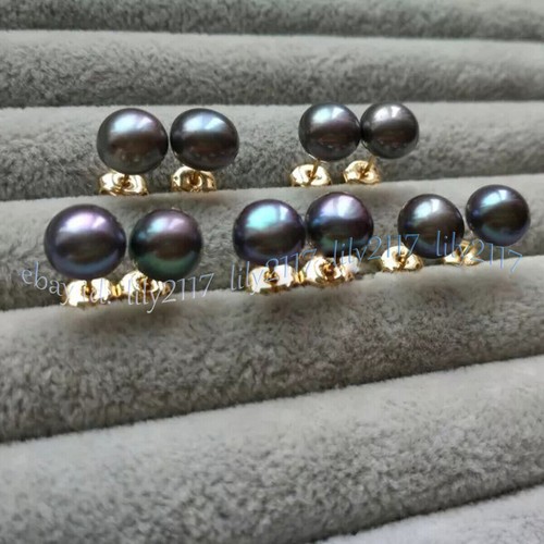 Real Natural Tahitian Black Green Pearl Stud Earrings 5-14mm 14K Yellow Gold - Picture 5 of 15
