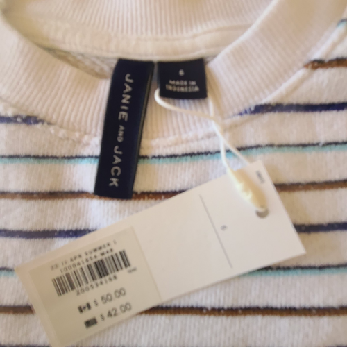 Janie& Jack French Terry Boys Pull Over White w/Blue&Brown Stripes NWT Size 6 - Picture 3 of 6