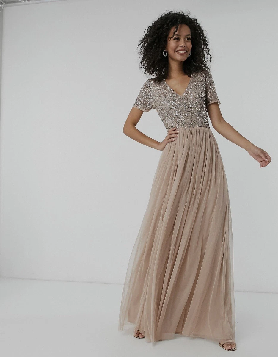 Maya Deluxe Maya Taupe Blush V Neckline Embellished Maxi Dress