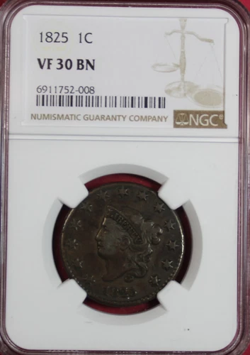 1825 LARGE CENT NGC VF30 BN