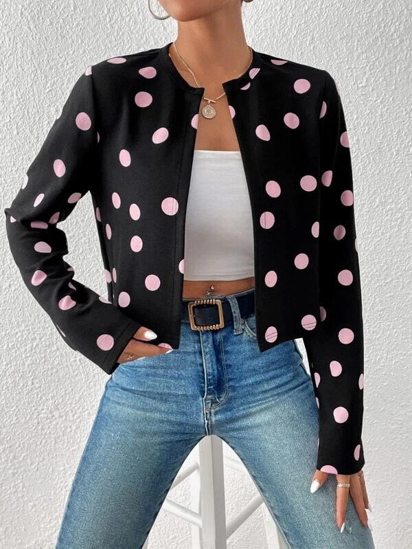 Shein 80s aesthetic polka dot crop jacket S black w/pink nip kawaii synthwave - Image 2 of 3
