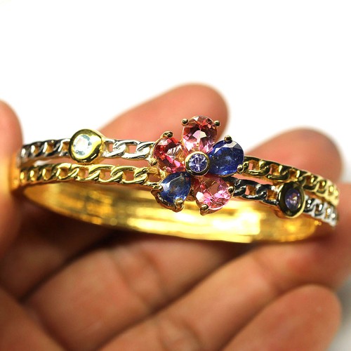 925 Silver Pink Mystic Topaz, Sapphire, Tanzanite & Topaz Bangle Cross 2"x2.22" - Picture 2 of 4