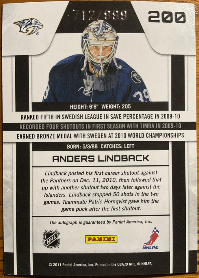 2010-11 Zenith Rookie Autograph Anders Lindback #200 #’d 712/999 - Image 2 of 3
