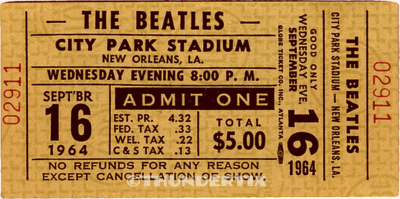 1 BEATLES UNUSED FULL CONCERT TICKET 1964 New Orleans, LA