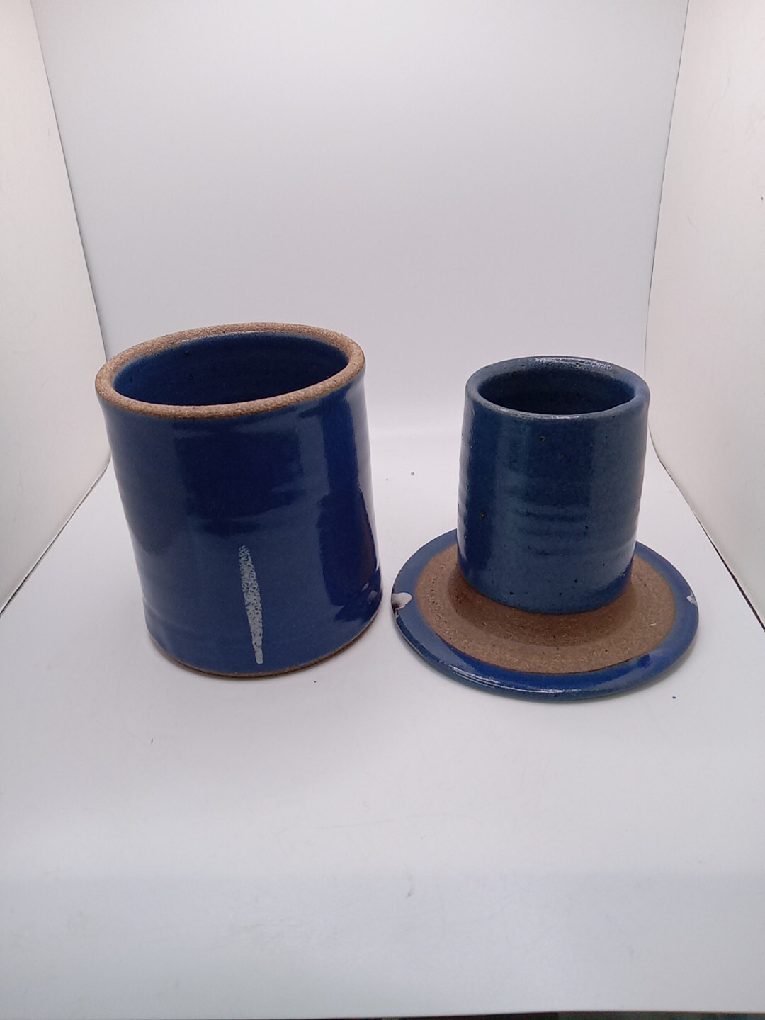 Butter Keeper Crock studio art pottery stoneware blue signed by artist