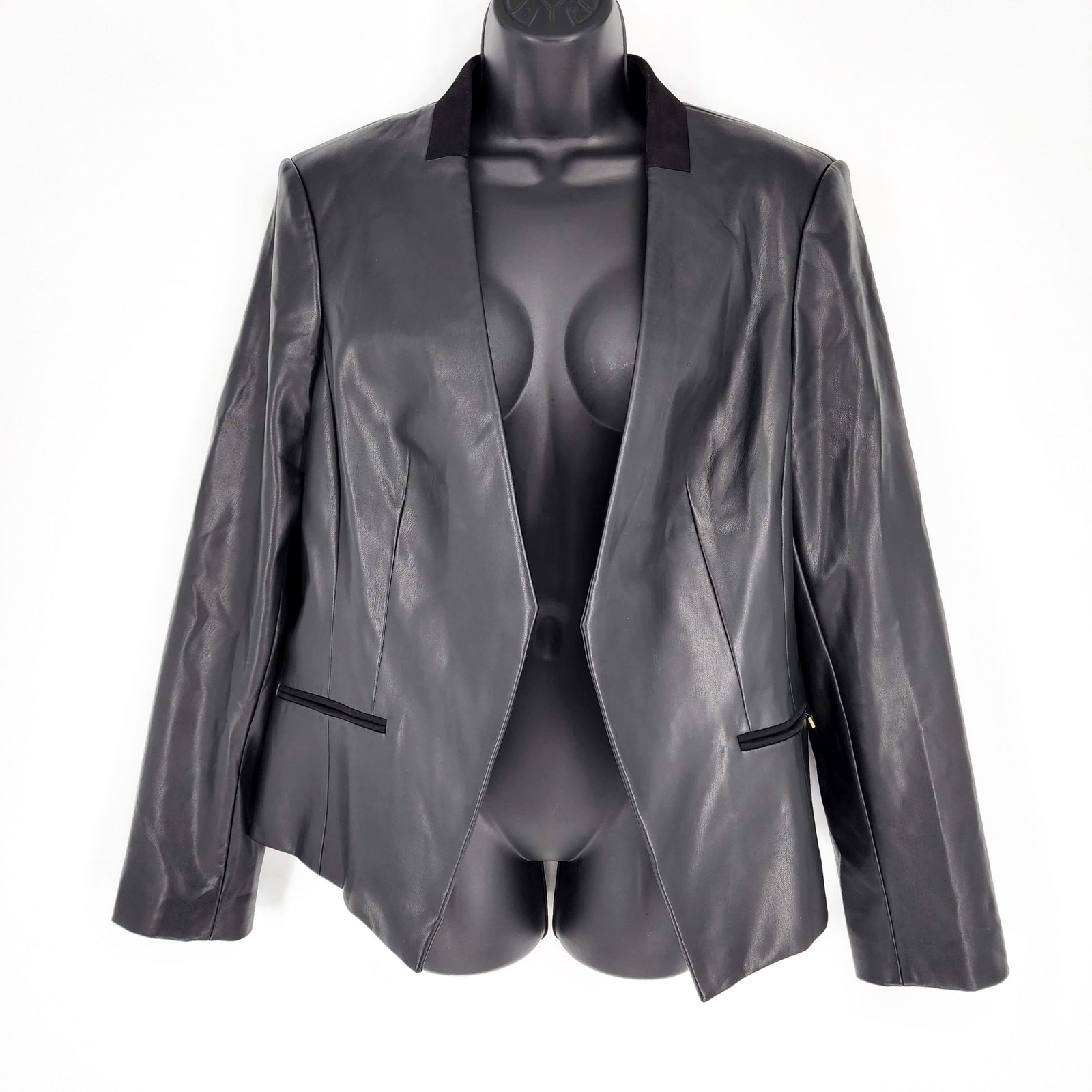 Open Blazer Jacket Suede Collar Pockets 