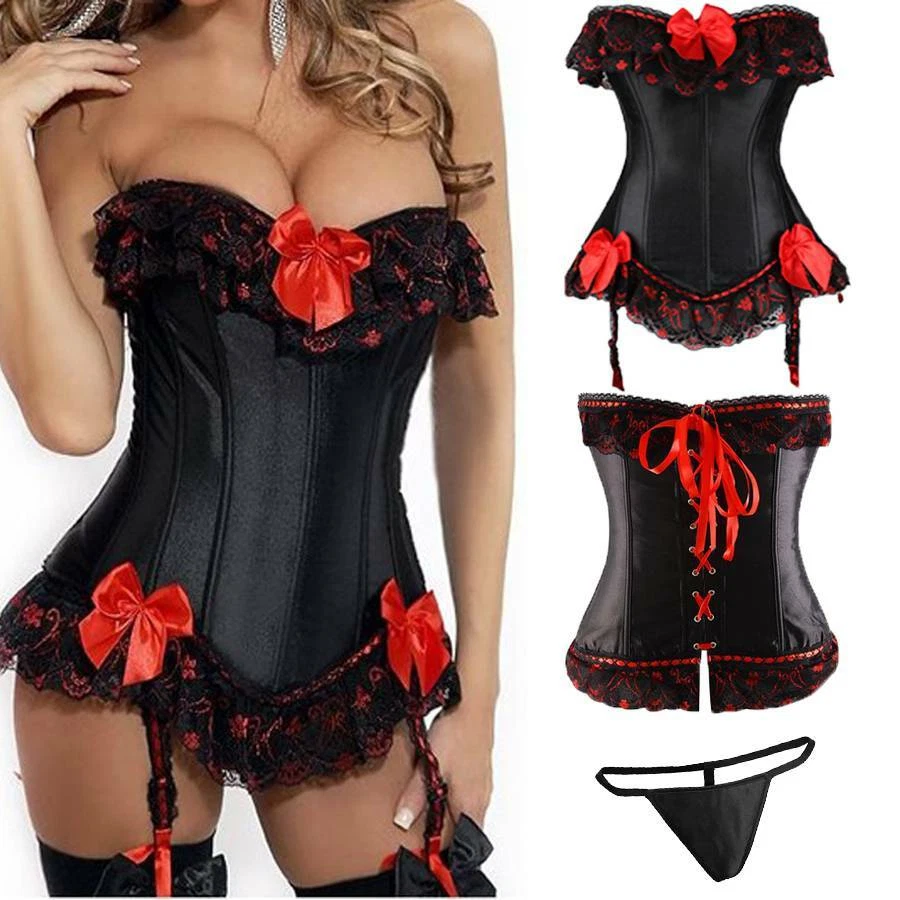 Women Waist Trainer Burlesque Basque Tops Lace Up Costume Boned Overbust Corset - Image 4 of 4