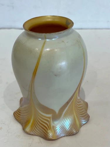 Steuben glass  Aurene pulled feather signed shade cracked but functional  5.25”