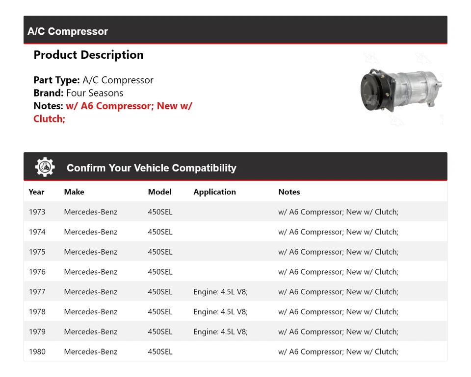 Compresor de aire acondicionado Mercedes-Benz 450SEL 1973-1980 4 estaciones 1974 1975 1976 1977 Foto 2 de 4