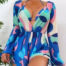 Women's Bikini Summer Beach Swimwear Long Sleeve Mesh Cover Up Bikini Swimwear