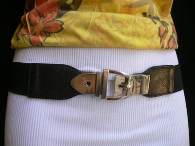 WOMEN ELASTIC HIP WAIST BLACK SKINNY WAISTBAND BELT SILVER  display picture 1