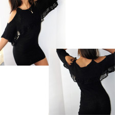 Somedays Lovin Black Knit Cold Shoulder Fringe Sleeve Dress NWT XS