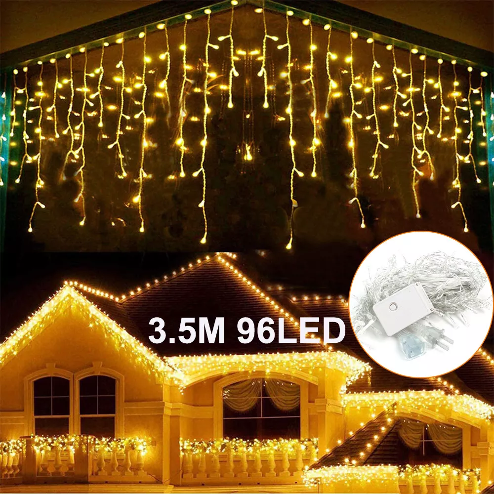 Hanging Icicle Curtain Lights 96 LED Outdoor Fairy Xmas String Wedding Warm  Lamp