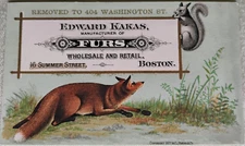 Fox & Squirrel Trade Card Edward Kakas Manufacturer of Furs L. Prang & Co. 1877