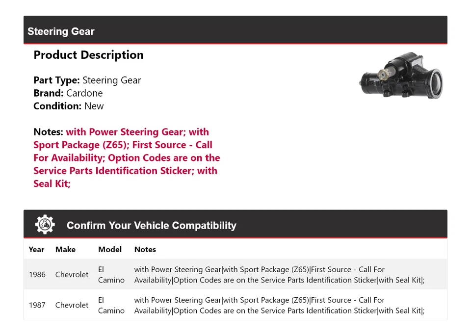 Engranaje de dirección Cardone 1986-1987 Chevrolet El Camino Foto 2 de 4