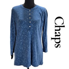 Chaps Henley Top Women Medium Blue Cotton Paisley Long Sleeve Tunic Classic Boho