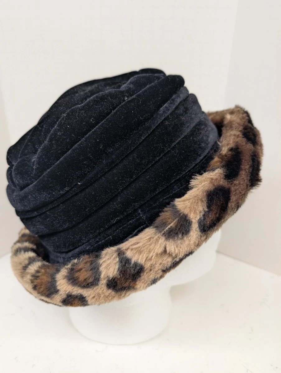 Vintage Black Wool Rimmed Hard Hat with Leopard Faux Fur Trim Bowler Hat Wool Leopard Faux Fur Trim Black Large Read | eBay main image 4