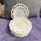 Set of 9 White Glass Lace Pattern Antique Round Plates, Glossy Finish milk glass