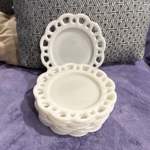 Set of 9 White Glass Lace Pattern Antique Round Plates, Glossy Finish milk glass