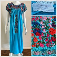 1970s Cotton Oaxacan Mexican Huipil Dress Embroidered Maxi STAINED AS IS Vintage