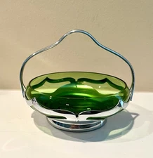 Vintage Farber Bros Krome Kraft Candy Dish Chrome with Green Glass Insert