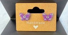 Handcrafted Resin Purple Butterfly Stud Earrings with Rhinestones.