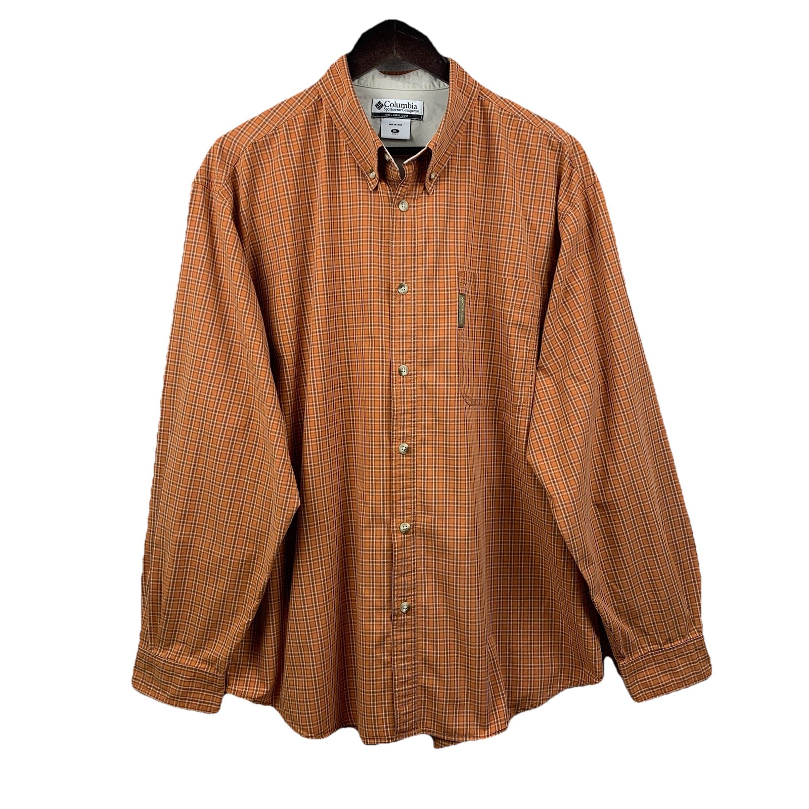 COLUMBIA Button Down Shirt Men's Size XL Orange Brown Plaid LS Casual Officewear